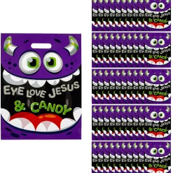 12 1/2" X 17" Bulk 50 Pc. Religious Monster Eye Love Jesus & Candy Plastic Goody Bags