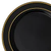 10.25" Black With Gold Edge Rim Plastic Dinner Plates (50 Plates)