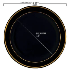 10.25" Black With Gold Edge Rim Plastic Dinner Plates (50 Plates)