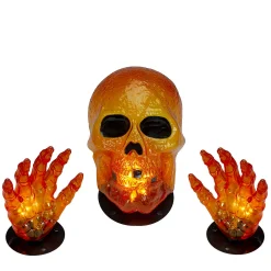 8.5" Lighted Orange Skull And Hands Outdoor Halloween Decoration - 4Ft Black Wire