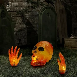 8.5" Lighted Orange Skull And Hands Outdoor Halloween Decoration - 4Ft Black Wire