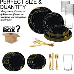Black With Gold Marble Disposable Plastic Dinnerware Value Set (20 Settings)