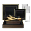 Black With Gold Square Edge Rim Plastic Dinnerware Value Set (20 Settings)
