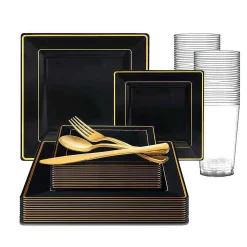 Black With Gold Square Edge Rim Plastic Dinnerware Value Set (20 Settings)