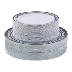 Bulk Premium White Plastic Plates With Black & White Trim - 100 Ct.