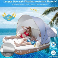 Costway Floating Island Inflatable Swimming Pool Float Lounge Raft With Canopy Spf50+ Retractable Detachable Sunshade With Two Cup Holders