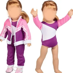 Dress Along Dolly Gymnastics Doll Outfit For 18" Dolls (4 Pc Set) - Sports Premium Costume Handmade Clothes Include Leotard, Warm-Up Pants & Jacket, Sneakers