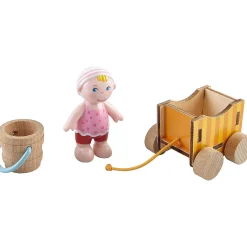 Haba Little Friends Baby Nora - 2.5" Dollhouse Toy Figure With Wagon And Pail