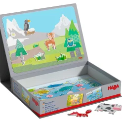 Haba Magnetic Game Box World Of Animals In Their Habitats - 62 Magnetic Pieces In Cardboard Carrying Case With 4 Background Scenes
