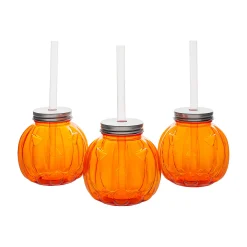 Jack-O'-Lantern-Shaped Reusable Bpa-Free Plastic Cups With Lids & Straws - 12 Ct.