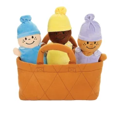 Kovot 3 Plush Babies In Soft Carrier Basket - Squeeze To Hear Them Giggle - Removable Dress