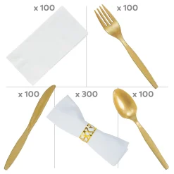 Metallic Gold Rolled Cutlery Kit For 100 Guests