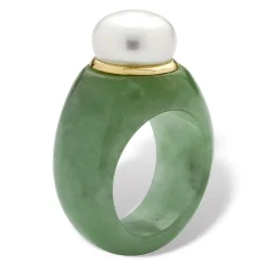 Palmbeach Jewelry 10K Yellow Gold Round Genuine Cultured Freshwater Pearl And Genuine Green Jade Ring Sizes 6-10
