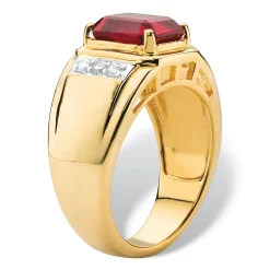 Palmbeach Jewelry Men's 18K Yellow Gold Plated Cushion Cut Red Genuine Garnet Round Genuine Diamond Ring (1/5 Cttw, I Color, I3 Clarity)