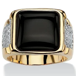 Palmbeach Jewelry Men's Yellow Gold-Plated Cushion Natural Black Onyx And Round Cubic Zirconia Ring Sizes 8-16