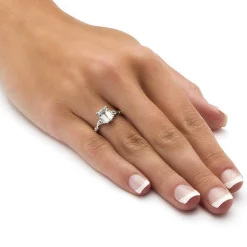 Palmbeach Jewelry Platinum-Plated Sterling Silver Emerald Cut Genuine Aquamarine Scrolling Shank Ring Sizes 5-10