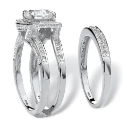 Palmbeach Jewelry Platinum-Plated Sterling Silver Round Cubic Zirconia Jacket Bridal Ring Set Sizes 5-10
