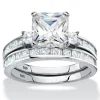 Palmbeach Jewelry Platinum-Plated Sterling Silver Princess Cut Cubic Zirconia Bridal Ring Set Sizes 6-10