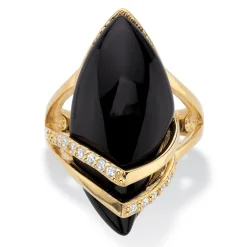 Palmbeach Jewelry Yellow Gold-Plated Marquise Shaped Natural Black Onyx And Round Cubic Zirconia Ring Sizes 6-12