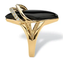 Palmbeach Jewelry Yellow Gold-Plated Marquise Shaped Natural Black Onyx And Round Cubic Zirconia Ring Sizes 6-12