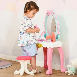 Qaba 20 Pcs Kids Vanity Dressing Table Play Set Musical Beauty Kit Pretend Toy W/ Mirror Lights Make Up Desk Stool For 3 4 Years Old