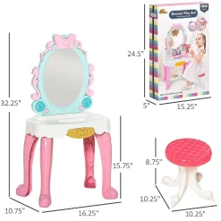Qaba 20 Pcs Kids Vanity Dressing Table Play Set Musical Beauty Kit Pretend Toy W/ Mirror Lights Make Up Desk Stool For 3 4 Years Old