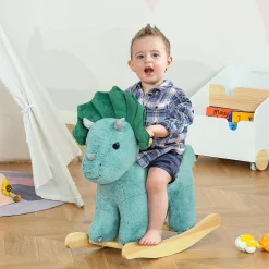 Qaba Kids Plush Ride On Rocking Horse Triceratops Shaped Plush Toy Rocker With Realistic Sounds For Child 36 72 Months Dark Green