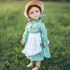 The Queen's Treasures 18 Inch Girl Doll Clothes, Little House On The Prairie Green American Calico Dress With Apron And Straw Bonnet